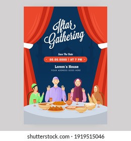 Iftar Gathering Flyer Or Template Design With Muslim Family Praying Before Food And Venue Details.