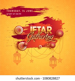 Iftar gathering inviatation card design with hanging lanterns, floral on yellow background. 
