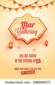Iftar gathering invitation card design with hanging lanterns, bunting flags and venue and time details.
