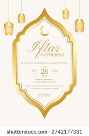 Iftar Gathering Invitation with in Gold Theme. Vector Illustration Iftar Invitation with Golden Islamic Frame and Lantern.