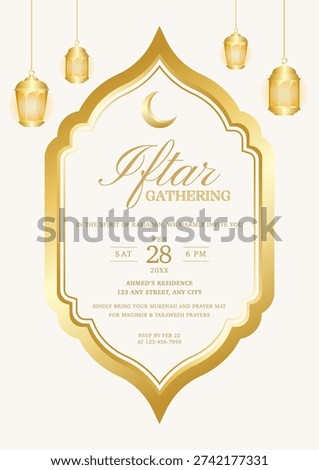 Iftar Gathering Invitation with in Gold Theme. Vector Illustration Iftar Invitation with Golden Islamic Frame and Lantern.