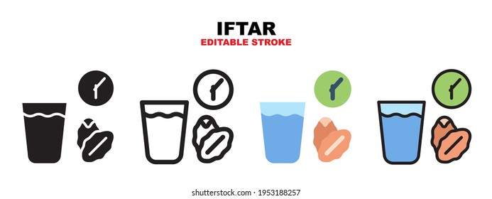 Iftar icon set with different styles. Icons designed in filled, outline, flat, glyph and line colored. Editable stroke and pixel perfect. Can be used for web, mobile, ui and more.