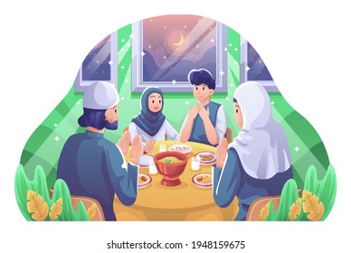 Iftar Illustration, Evening Meal with which Muslims end their Daily Ramadan Fast. This illustration can be use for website, landing page, web, app, and banner.