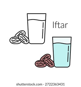 Iftar-Illustration mit zwei verschiedenen Stilen. Iftar mit einem Glas Süßwasser und drei Datteln. Ramadan-Fasten. Islamisches Thema. Vektorgrafik.