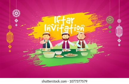 Iftar invitation card design with traditional Islamic men offering for delicious food.