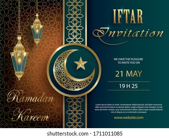 Iftar invitation card for Ramadan Kareem on islamic background with cressent moon and gold pattern on paper color backgroung for event and party