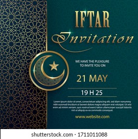 Iftar invitation card for Ramadan Kareem on islamic background with cressent moon and gold pattern on paper color backgroung for event and party