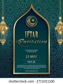 Iftar invitation card for Ramadan Kareem on islamic background with cressent moon and gold pattern on paper color backgroung for event and party