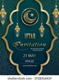 Iftar Invitation Card For Ramadan Kareem On Islamic Background With Crescent Moon And Gold Pattern On Paper Color Backgroung For Event And Party