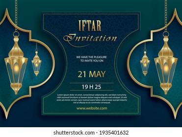 Iftar Invitation Card For Ramadan Kareem On Islamic Background With Gold Pattern On Green Paper Color Backgroung For Event And Party