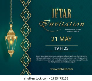 Iftar Invitation Card For Ramadan Kareem On Islamic Background With Crescent Moon And Gold Pattern On Paper Color Backgroung For Event And Party