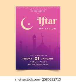 Iftar invitation card for Ramadan Kareem on Islamic background with crescent moon and gold pattern on paper color backgroung for event and party