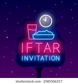 Iftar invitation. Eid-al-Adha Mubarak neon street billboard. Ramadan Kareem. Vector stock illustration