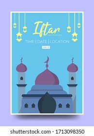 diseño de afiche de invitación iftar, Con linterna colgante y mezquita colorida, Puede ser usado con el propósito del anuncio.
