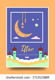 iftar invitation poster design, With moon hanging lantern stars mosque and clouds.
