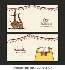 Iftar Invitation And Ramadan Mubarak Banners Design With Arabic Jug, Glass And Religious Holy Quran Book On Pastel Yellow Background.