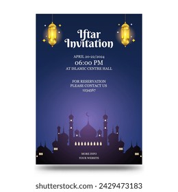 iftar invitation template with a beautiful mosque and lanterns at night