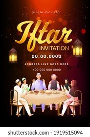 Iftar Invitation Template Layout With Muslim Family Praying Before Dinner And Venue Details.