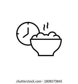 Iftar. Linear emblem of fasting, diet. Cooking time icon for packaging design. Black simple illustration of bowl of hot porridge for breakfast, evening meal. Contour isolated vector, white background