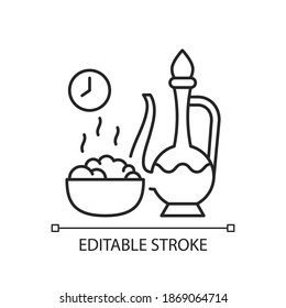 Iftar linear icon. Evening meal with which muslims end their daily ramadan fast at sunset. Thin line customizable illustration. Contour symbol. Vector isolated outline drawing. Editable stroke