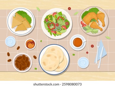 Iftar meal, food and drinks on wooden table and brown tablecloths. Vector illustration Ramadan iftar meal with bread, dates, fried chicken, salad and drinks. Top view of iftar foods and drinks.