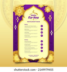 Plantilla de menú Iftar con fondo elegante dorado y morado