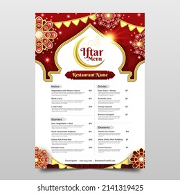 Iftar Menu Template with Elegant Red and Gold Ornaments