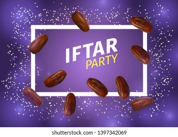 Iftar Party Banner with Realistic Vector Illustration of Dried Dates, Inscription and Frame on Violet Background. Ramadan Iftar Food