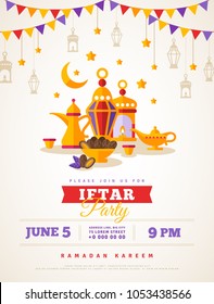 Iftar party celebration concept flyer. Vector Illustration. Sweet Dates, Fanous Lantern and Arabic coffee mug. Islamic Holy Month, Ramadan Kareem. Typography template for text