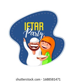Volante de concepto de celebración de fiesta Iftar, diseño de tarjeta de invitación con linternas colgantes, patrones de flores mandala, y hombres musulmanes disfrutando de festín iftar.