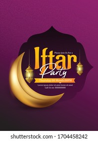 Iftar party celebration concept flyer. Vector Illustration. Sweet Dates, Fanous Lantern and Arabic coffee mug. Islamic Holy Month, Ramadan Kareem. 