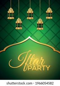 Iftar party celebration party flyer with vector arabic lantern on pattern background