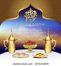 Iftar party celebration foods with teapot set and bowl of dates on dinner table. iftar party invitation card