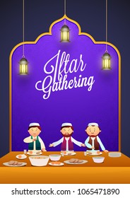 Iftar Party celebration invitation card, poster or banner design with illustration of islamic men enjoying delicious food, and illuminated lanterns. Iftar Party celebration invitation card, poster or banner design with illustration of islamic men enjoying delicious food, and illuminated lanterns.