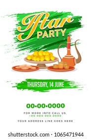 Iftar Party celebration, invitation card design with sweets , arabian traditional jug and space for your message, can be used as poster, banner or flyer design. Green brushstoke effect.