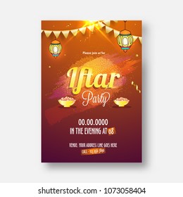 Iftar Party celebration, invitation card design with stylish golden text, hanging lanters, and sweets and space for your message, can be used as poster, banner or flyer design.