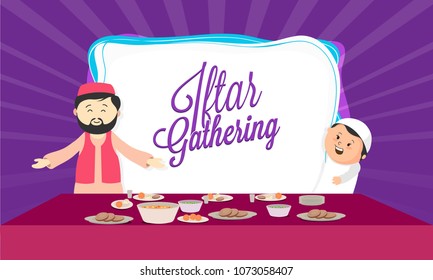 Iftar Party celebration invitation card, poster or banner design with illustration of islamic man and kid inviting, and  delicious food on purple rays background.