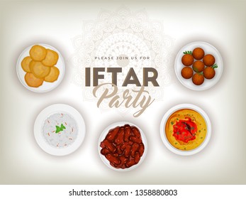 Cartaz de celebração da festa Iftar ou design de panfleto com ilustração de diferentes tipos de comida sobre fundo branco.