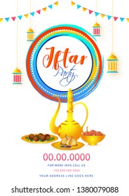 Iftar Party celebration template or flyer design with golden arabic jug, food and sweet dates illustration on white background decorated with lanterns.