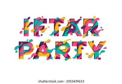 Iftar party celebration, typographic concept flyer. Vector Illustration. Typography design with abstract paper cut shapes on white background. Colorful 3D carving art.
