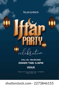 Iftar party Eid Mubarak ,festival of lights, design card, banner, poster. Illustration of Ramadan Kareem with lanterns and golden Moon.