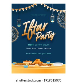 Iftar Party Flyer Design With Delicious Foods And Hanging Lit Lanterns On Blue Background.