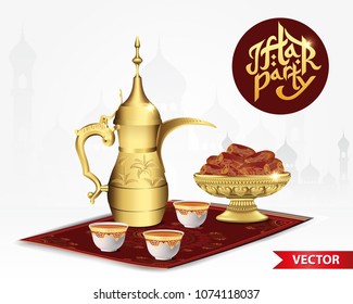Iftar party food with classic arabic teapot and cup, bowl of dates isolated on white background. 3d vector illustration