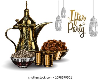 iftar party free hand drawing colorful sketch of arabian peanut, tea pot and kurma. Vector illustration holy month of ramadan