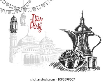 iftar party free hand drawing sketch of arabian peanut, tea pot and kurma with mosque, lantern and ribbon background. Vector illustration holy month of ramadan
