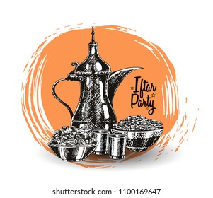 iftar party free hand drawing black sketch of arabian peanut, tea pot and kurma round orange brush. Vector illustration holy month of ramadan celebration