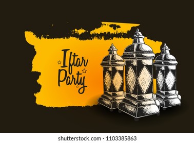 Iftar party free hand drawing sketch of three lantern on orange black background. Vector illustration for ramadan poster, flyer, greeting card, banner and template