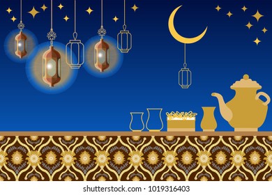 Iftar party greeting card with Damask ornament. Food, drink, crescent moon and oriental lanterns on dark blue background. Template for Ramadan Kareem banners, posters, covers and other decorations.