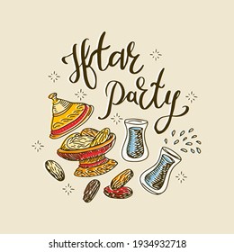 Iftar party hand drawn illustration. Islamic lettering, dates fruit, glass of water 