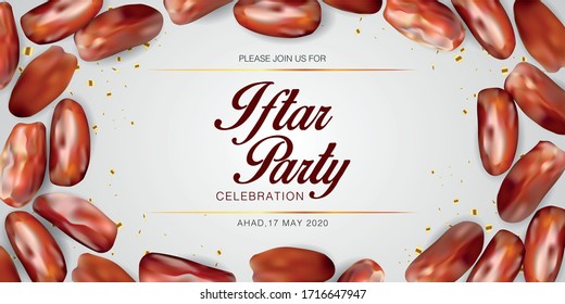 Diseño vectorial de plantilla de fondo de invitación de parte Iftar con fechas realistas en 3D. Cartel del festival islámico eid mubarak. Cartel de vacaciones
